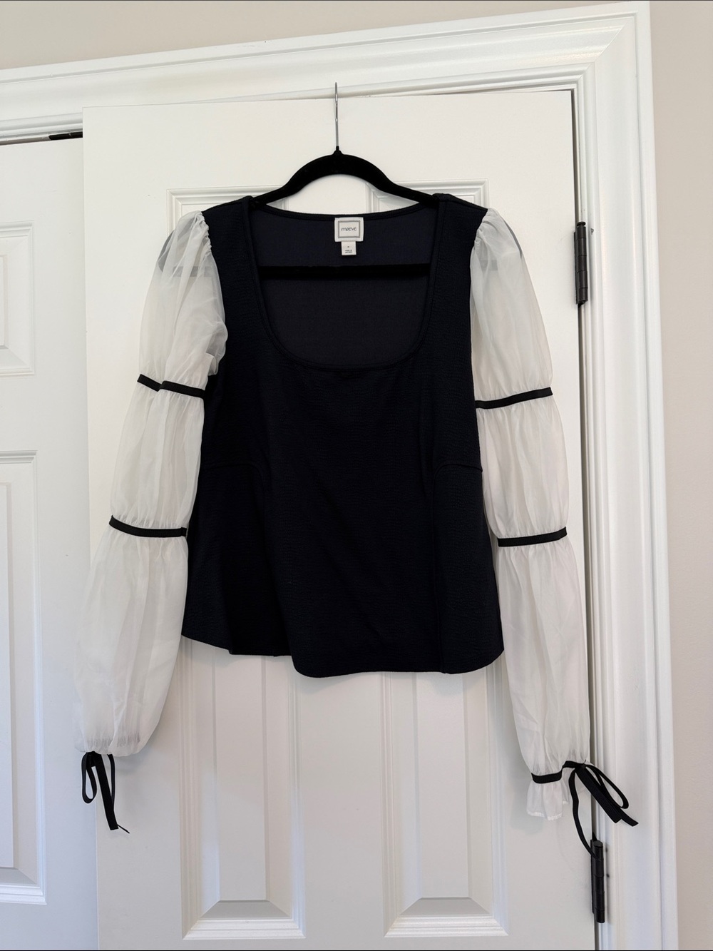 Maeve Black Top with White Sheer Puff Sleeves